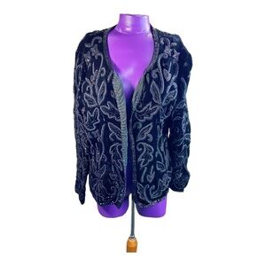 Niteline Della Roufogali vintage black rayon beaded formal embroidered jacket